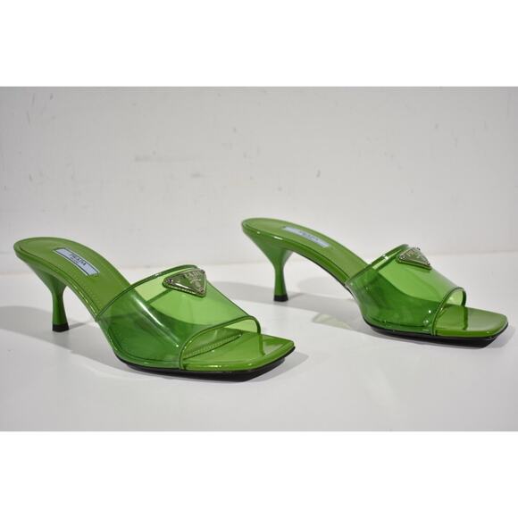 Prada Plexiglas Green PVC Patent Leather Backless Sandal Mule Heel Pump 38.5 - Picture 10 of 12